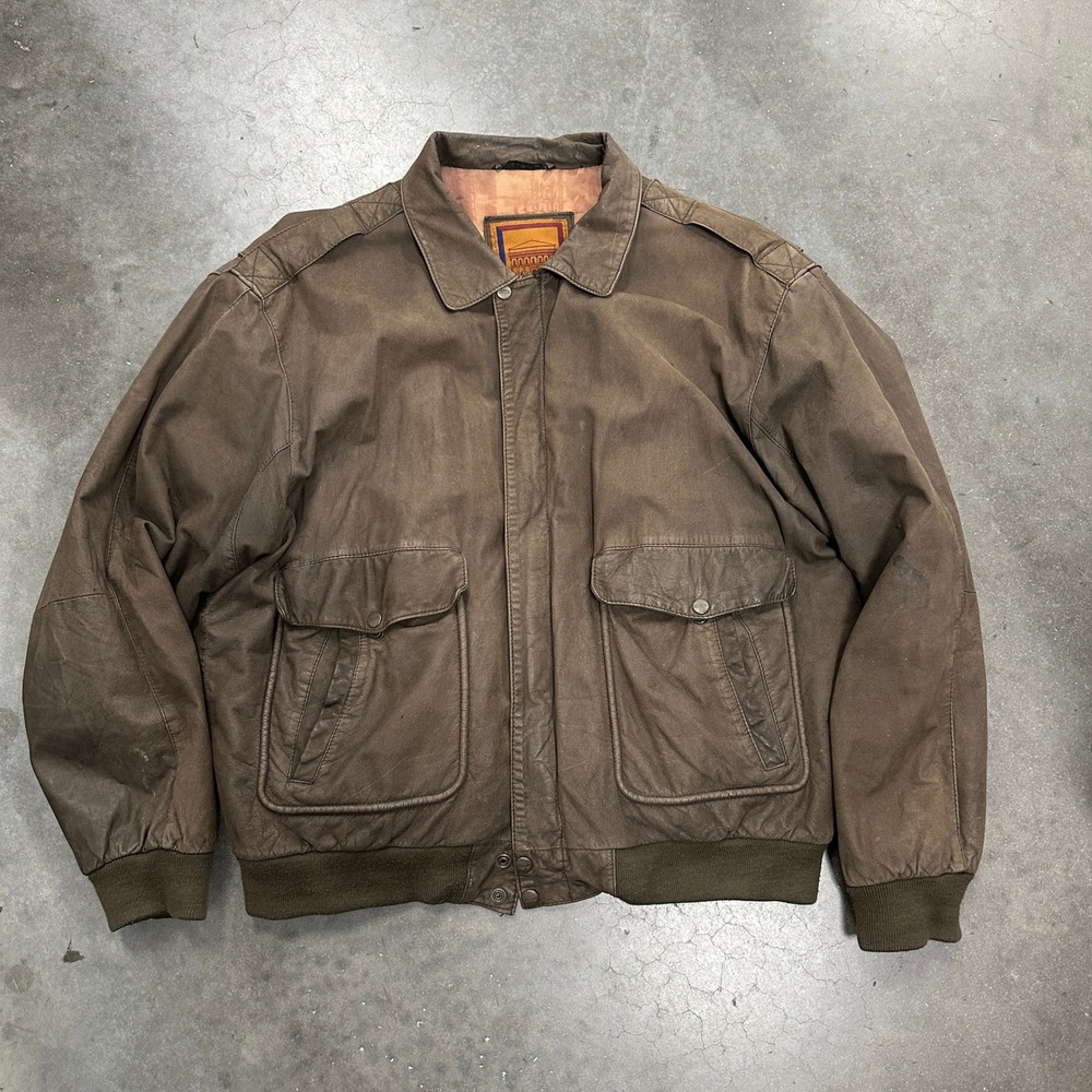 Vintage Structure Brown Genuine Leather Bomber Jacket Mens XL Aviator Flight